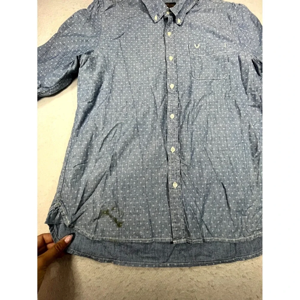 True Religion Shirt Mens XL Blue Chambray Cotton Geometric Back Box Button Down